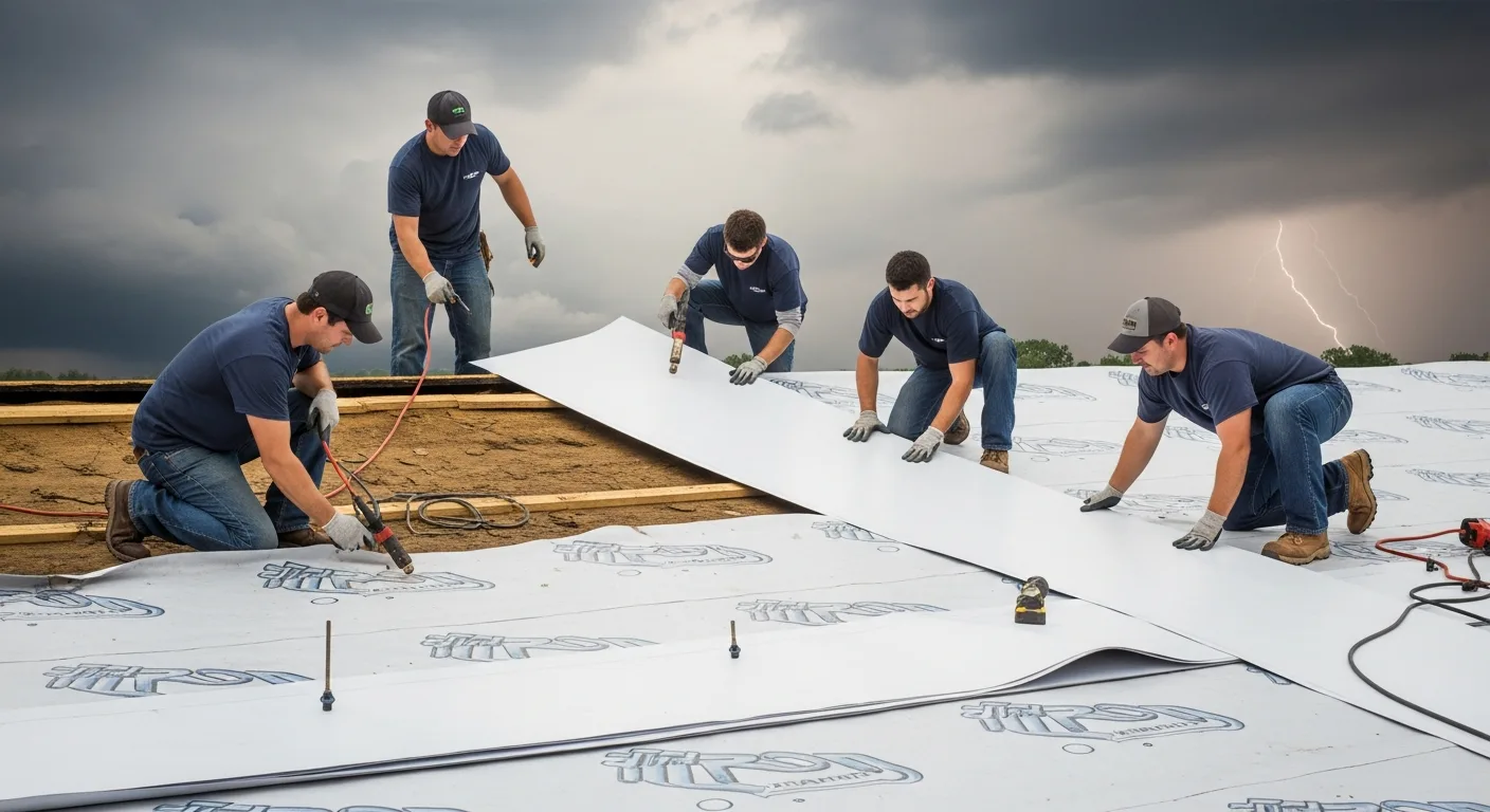 Professional roofing crew installing PVC membrane on a commercial roof