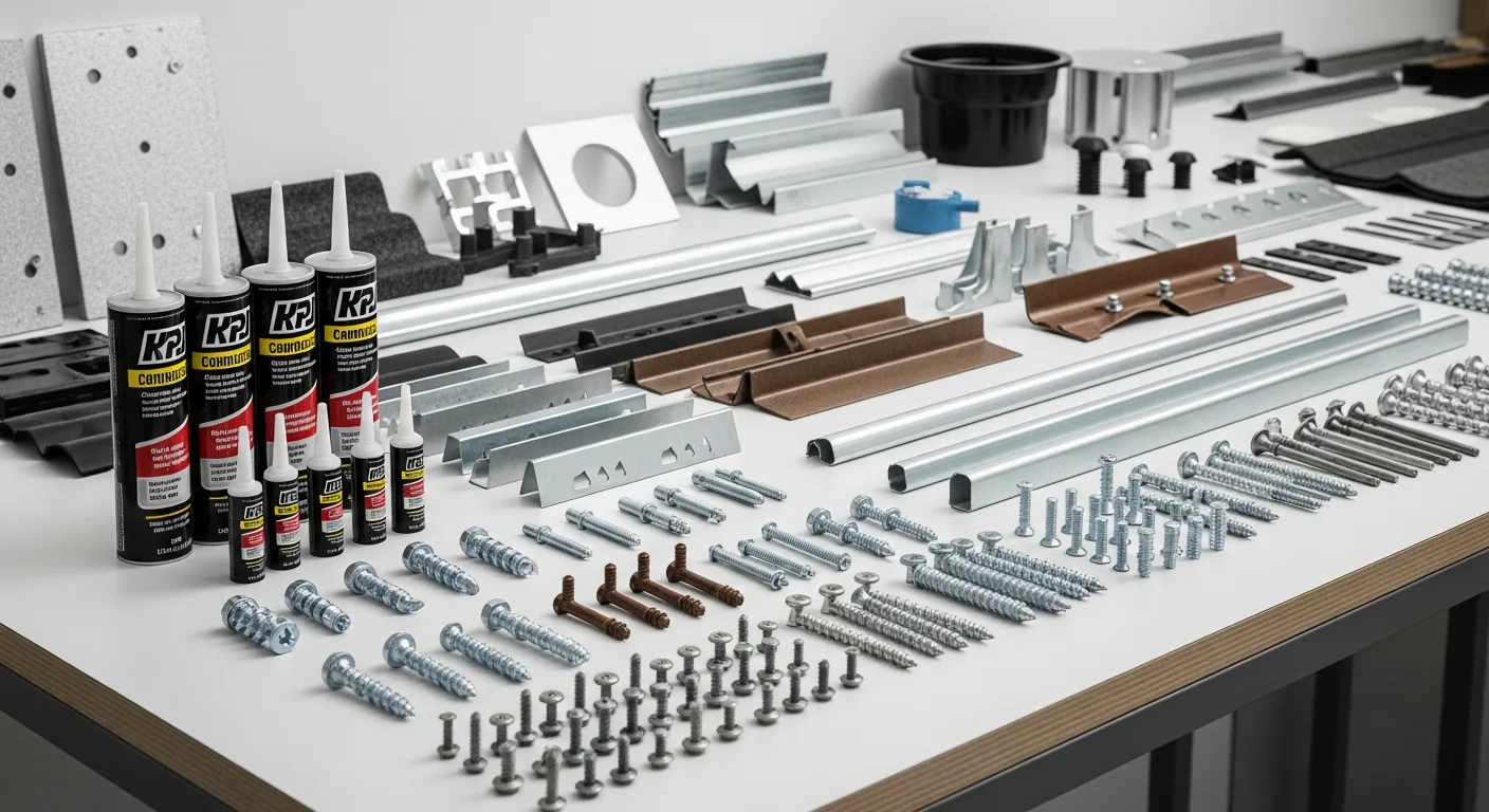 Complete roofing components and accessories laid out including fasteners, adhesives, and flashing materials