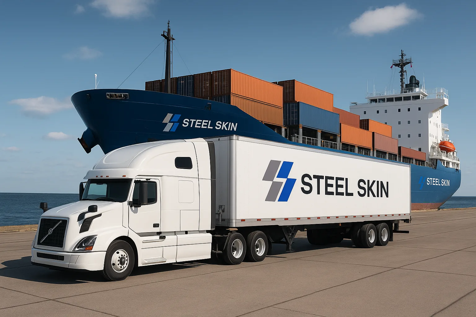 Steel Skin branded truck at shipping port representing direct-from-manufacturer supply chain