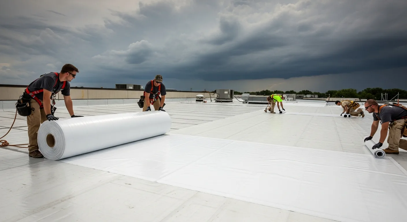 Roofing contractor unrolling Steel Skin 60 mil PVC membrane on a commercial flat roof